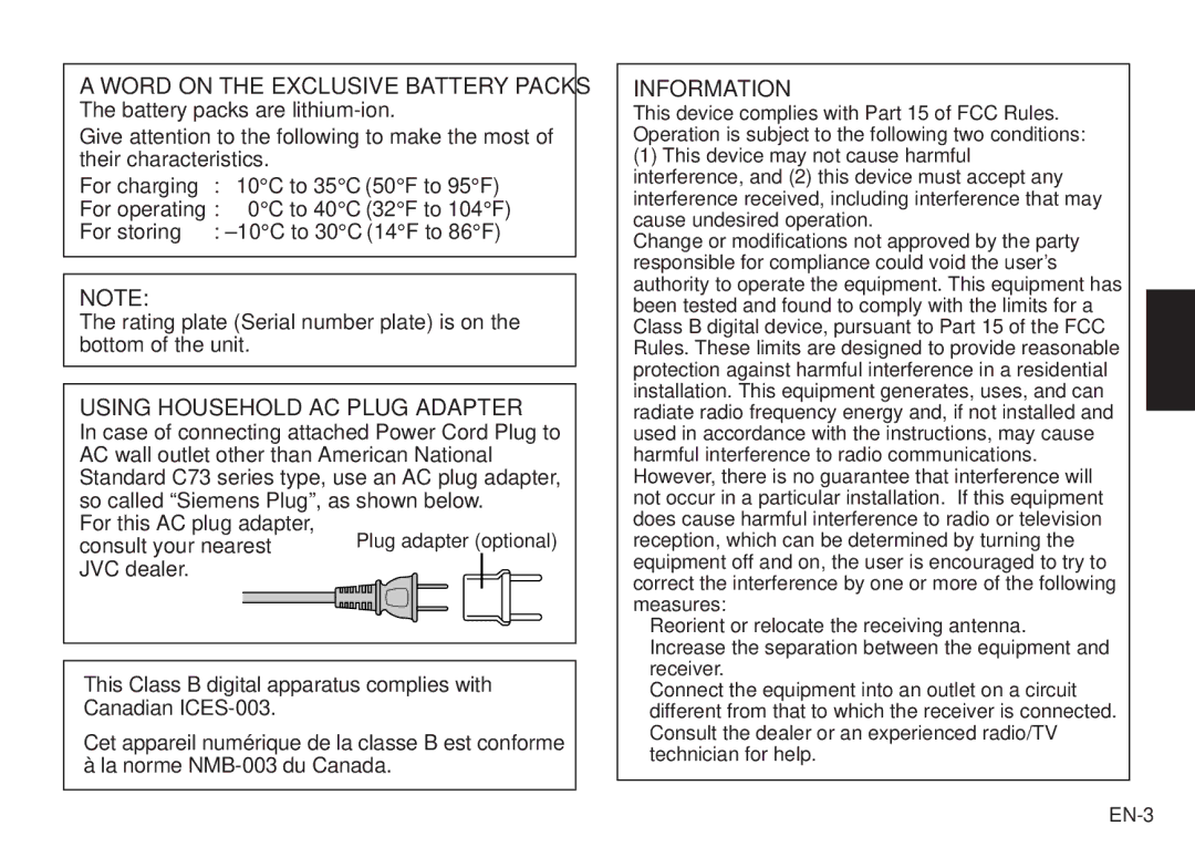 JVC AA V20U manual Word on the Exclusive Battery Packs, Using Household AC Plug Adapter, Information 