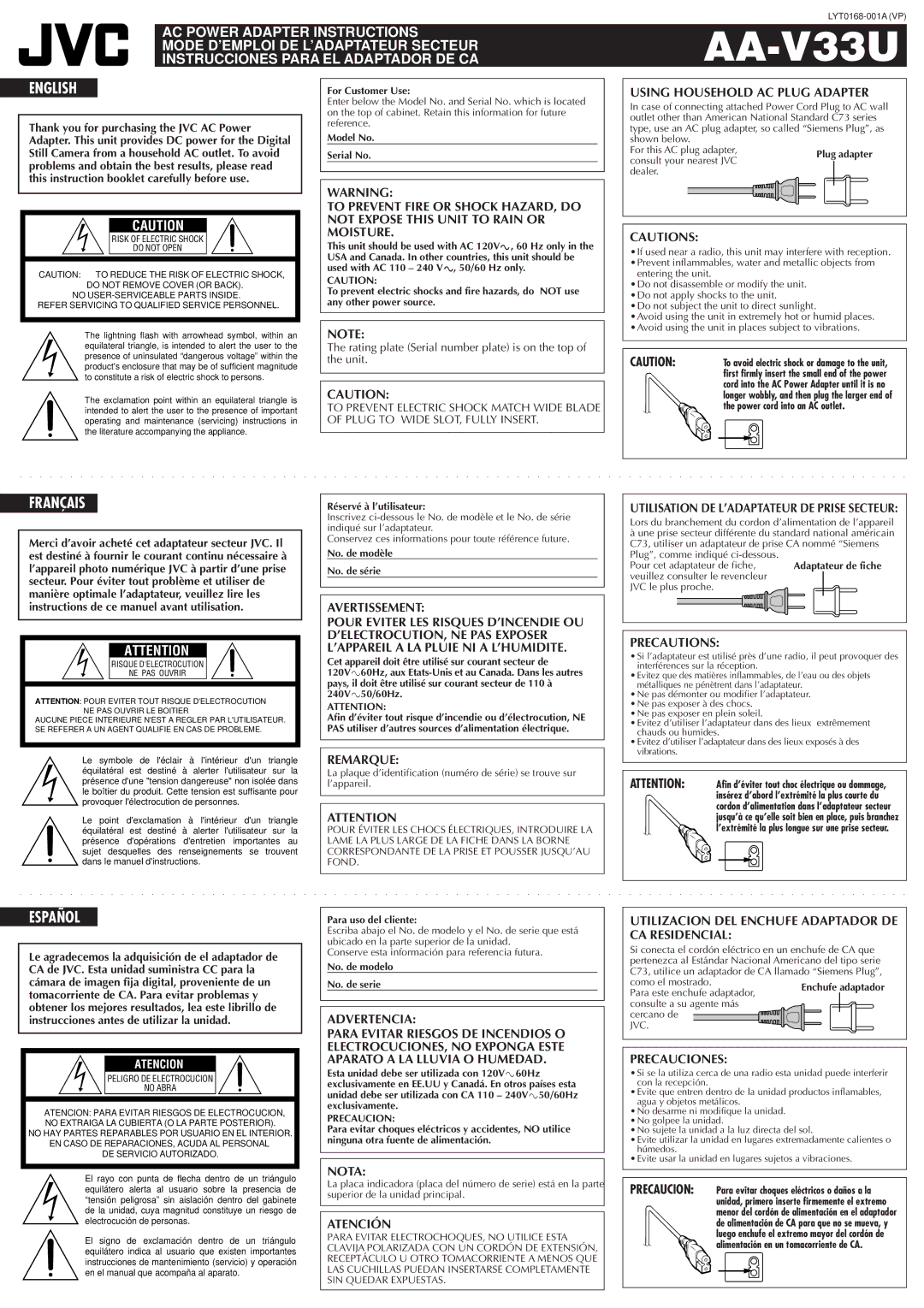 JVC AA-V33U user service Remarque, Advertencia, Nota, Atención, Using Household AC Plug Adapter, Precautions, Precauciones 