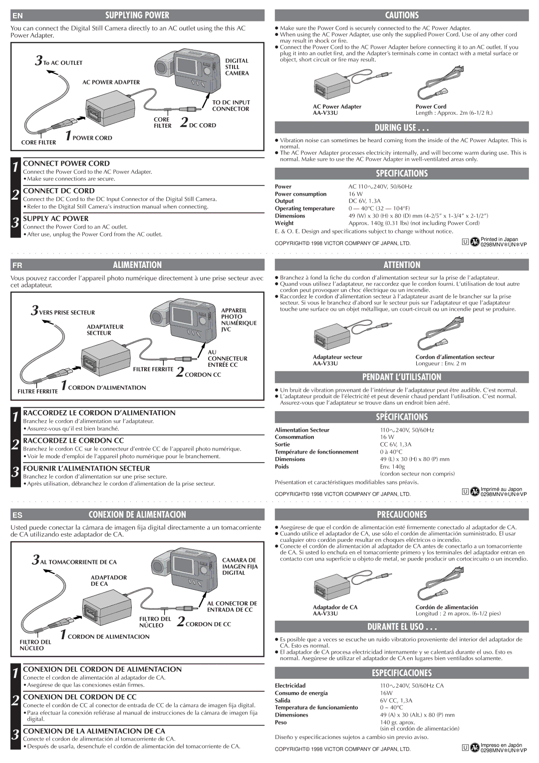 JVC AA-V33U user service During USE, Specifications, Fralimentation, Pendant L’UTILISATION, Spécifications, Precauciones 