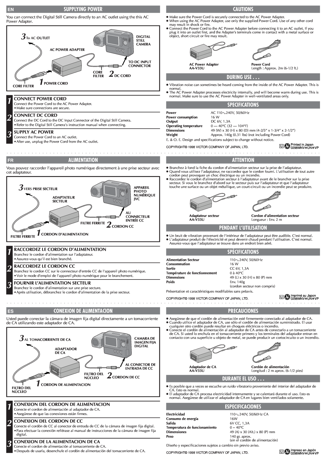 JVC AA-V33U Cautions, During Use, Specifications, Fralimentation, Pendant L’Utilisation, Spécifications, Precauciones 