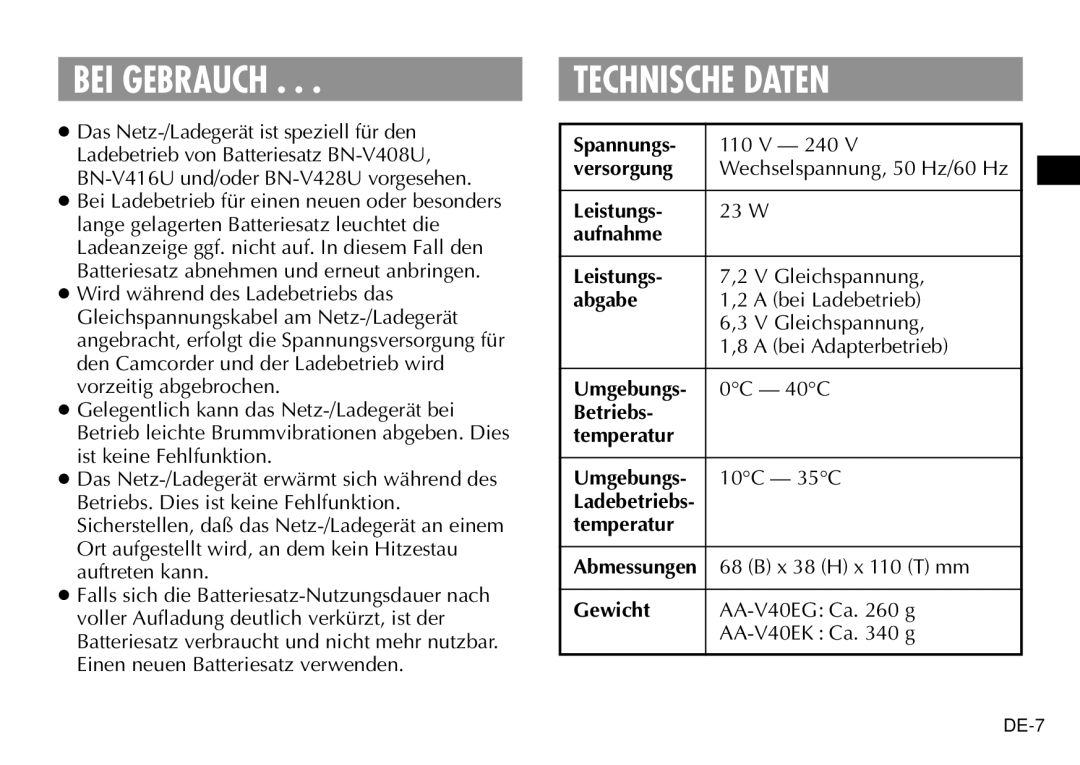 JVC AA-V40EG, AA-V40EK manual BEI Gebrauch, Technische Daten 