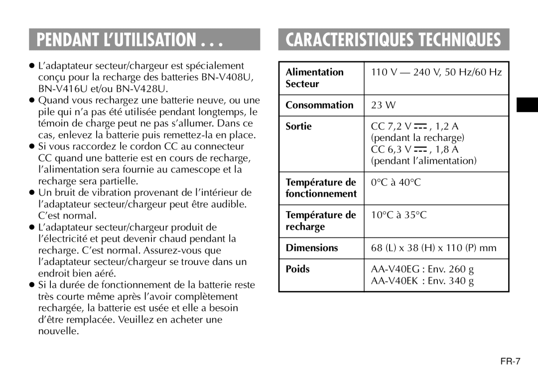 JVC AA-V40EG, AA-V40EK manual Alimentation, Secteur, Sortie, Recharge Dimensions, Poids 
