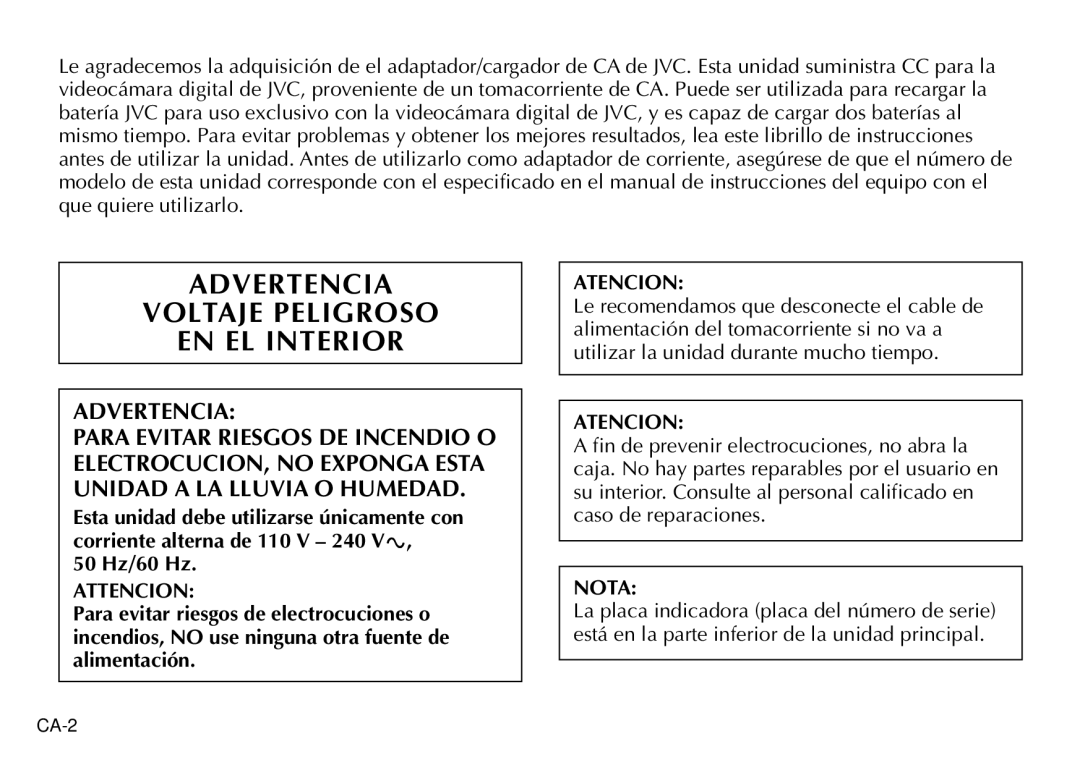 JVC AA-V40EK, AA-V40EG manual Advertencia Voltaje Peligroso EN EL Interior, 50 Hz/60 Hz, Attencion, Atencion, Nota 