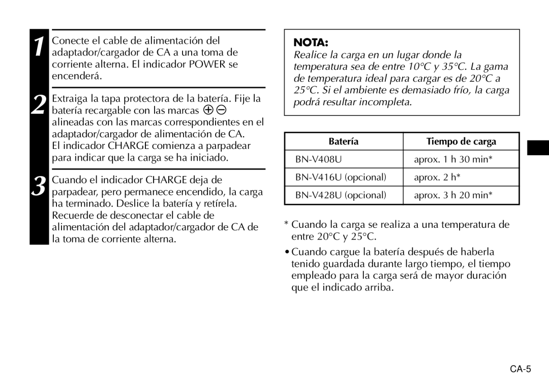 JVC AA-V40EG, AA-V40EK manual Batería Tiempo de carga 