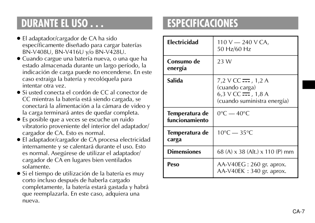 JVC AA-V40EG, AA-V40EK manual Durante EL USO, Especificaciones 