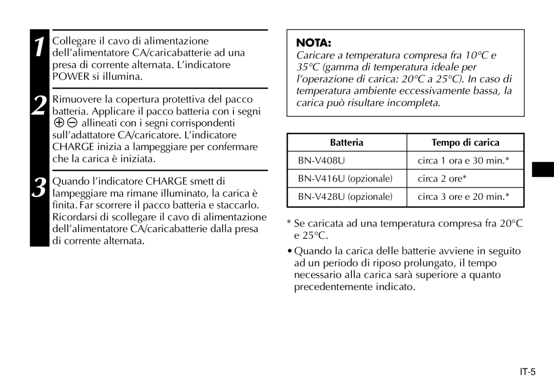 JVC AA-V40EG, AA-V40EK manual Batteria Tempo di carica 