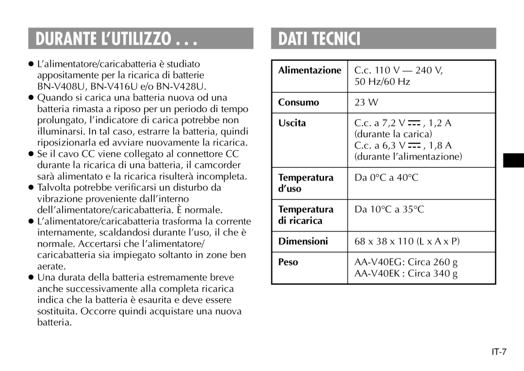 JVC AA-V40EG, AA-V40EK manual Durante L’UTILIZZO, Dati Tecnici 