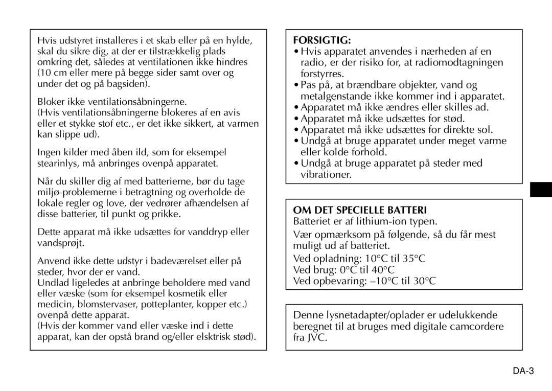 JVC AA-V40EG, AA-V40EK manual OM DET Specielle Batteri Batteriet er af lithium-ion typen 