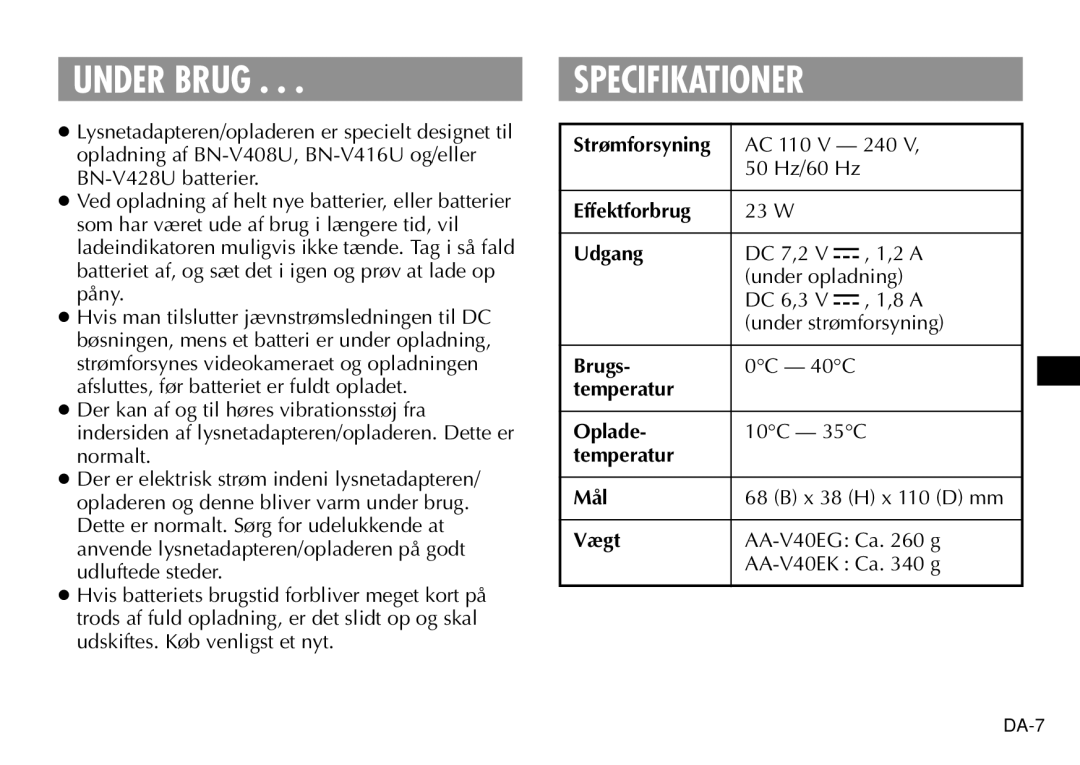 JVC AA-V40EG, AA-V40EK manual Under Brug, Specifikationer 