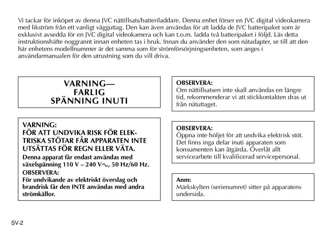 JVC AA-V40EK manual Varning Farlig Spänning Inuti, Observera, Anm, Märkskylten serienumret sitter på apparatens undersida 