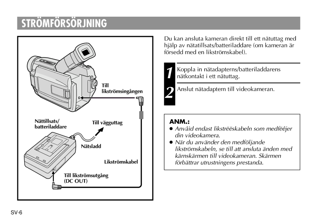 JVC AA-V40EK, AA-V40EG manual Strömförsörjning, Anslut nätadaptern till videokameran, Anm 