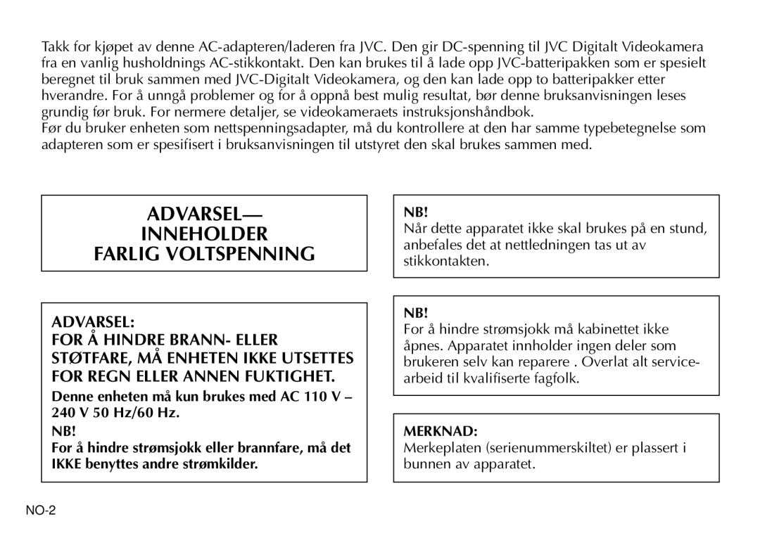 JVC AA-V40EK, AA-V40EG manual Inneholder Farlig Voltspenning, Merknad 