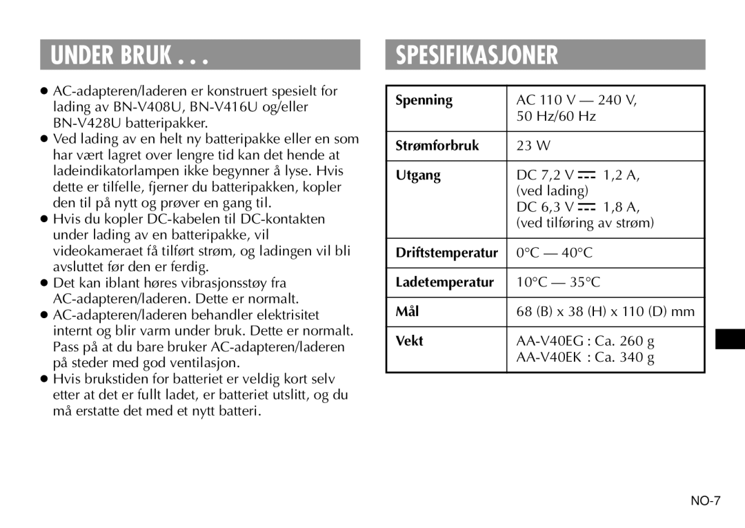 JVC AA-V40EG, AA-V40EK manual Under Bruk, Spesifikasjoner 