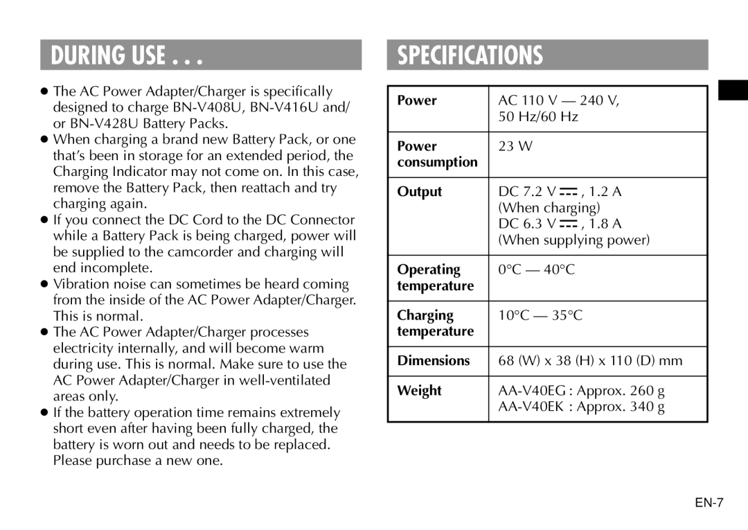 JVC AA-V40EG, AA-V40EK manual During USE, Specifications 