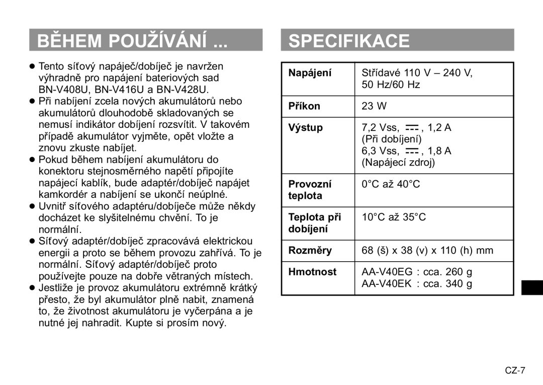 JVC AA-V40EG, AA-V40EK manual Specifikace 