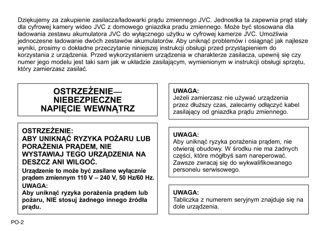 JVC AA-V40EK, AA-V40EG manual Ostrzeżenie Niebezpieczne Napięcie Wewnątrz, Uwaga 