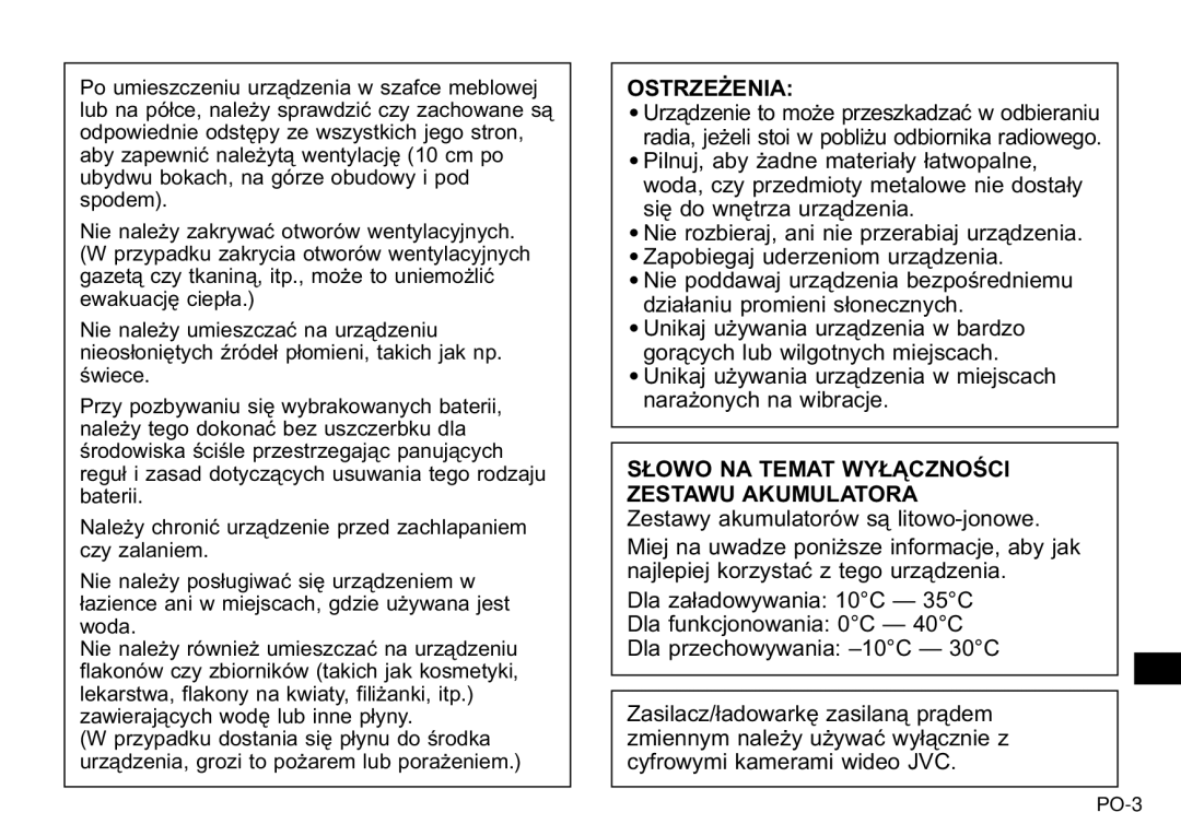 JVC AA-V40EG, AA-V40EK manual Ostrzeżenia 