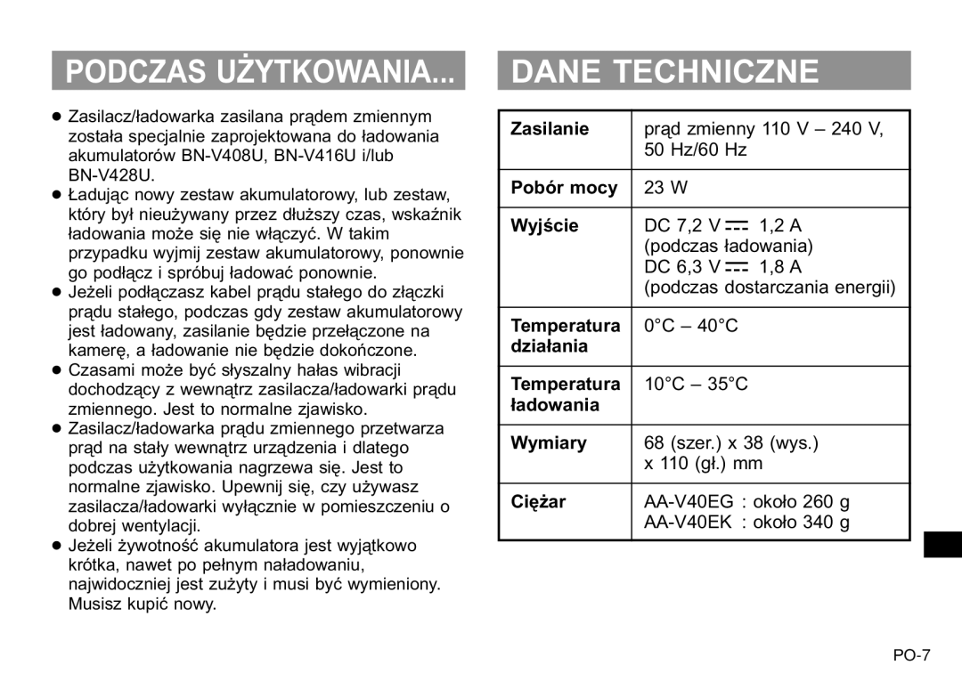 JVC AA-V40EG, AA-V40EK manual Dane Techniczne 