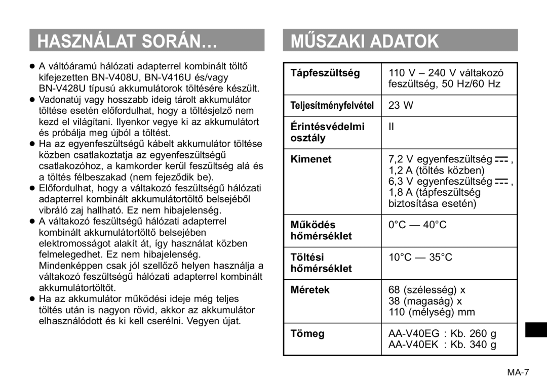 JVC AA-V40EG, AA-V40EK manual Műszaki Adatok 