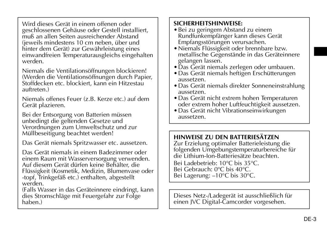 JVC AA-V40EG, AA-V40EK manual Sicherheitshinweise, Das Gerät nicht Vibrationseinwirkungen aussetzen 