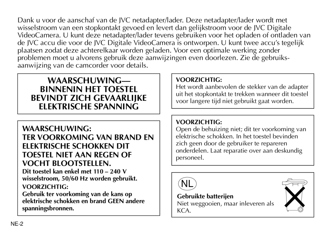 JVC AA-V80EG manual Voorzichtig, Gebruikte batterijen 