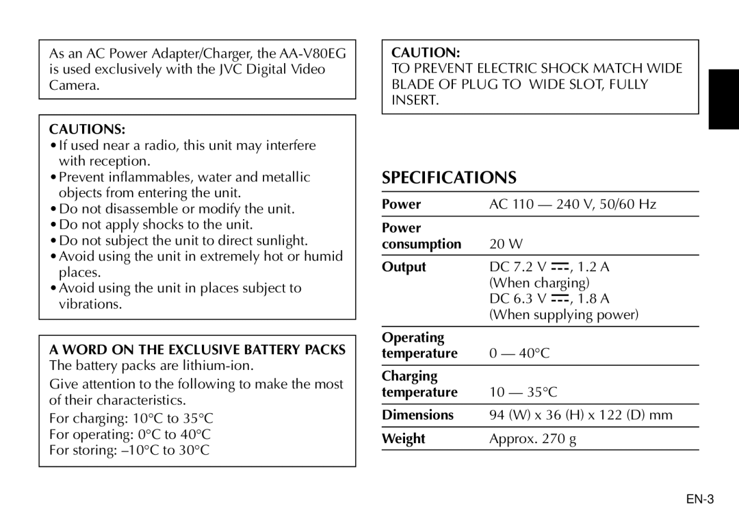 JVC AA-V80EG manual Specifications 