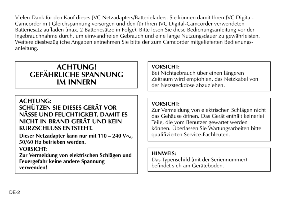 JVC AA-V80EG manual Achtung Gefährliche Spannung IM Innern, Vorsicht, Hinweis 