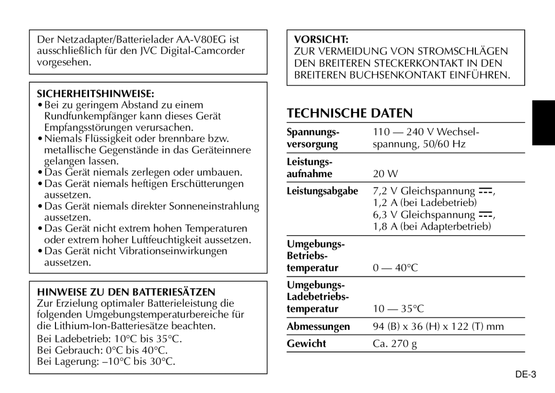 JVC AA-V80EG manual Technische Daten, Sicherheitshinweise, Gleichspannung Bei Ladebetrieb 