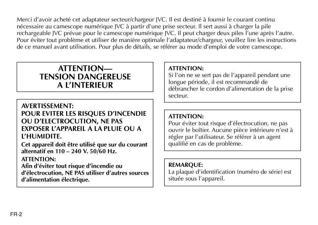 JVC AA-V80EG manual Tension Dangereuse ’INTERIEUR, Remarque 