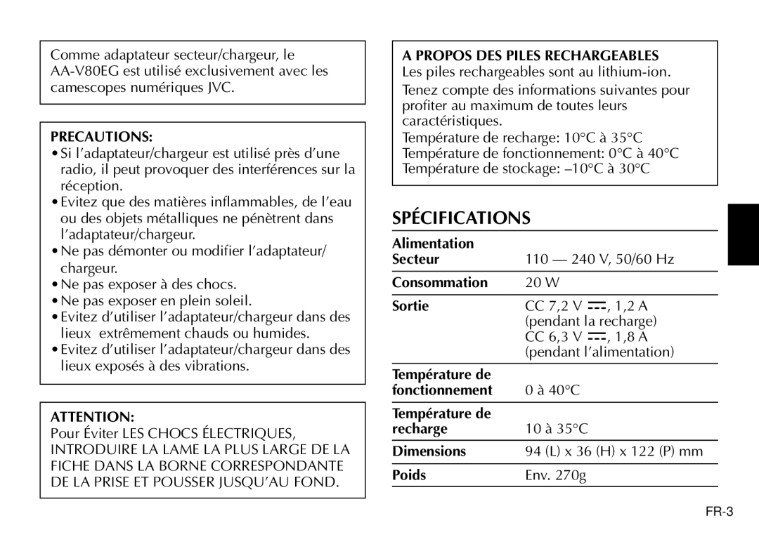 JVC AA-V80EG manual Spécifications, Precautions, Propos DES Piles Rechargeables 