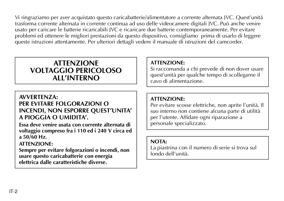 JVC AA-V80EG manual Attenzione Voltaggio Pericoloso ALL’INTERNO, Nota 