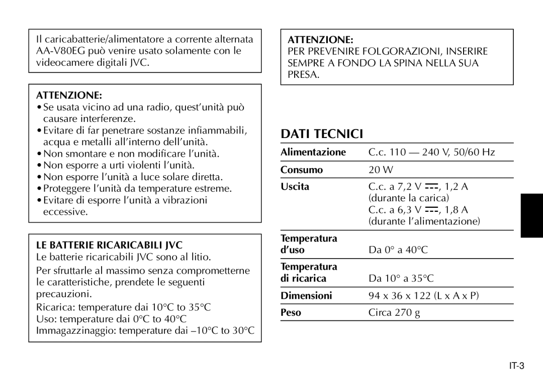 JVC AA-V80EG manual Dati Tecnici, LE Batterie Ricaricabili JVC 