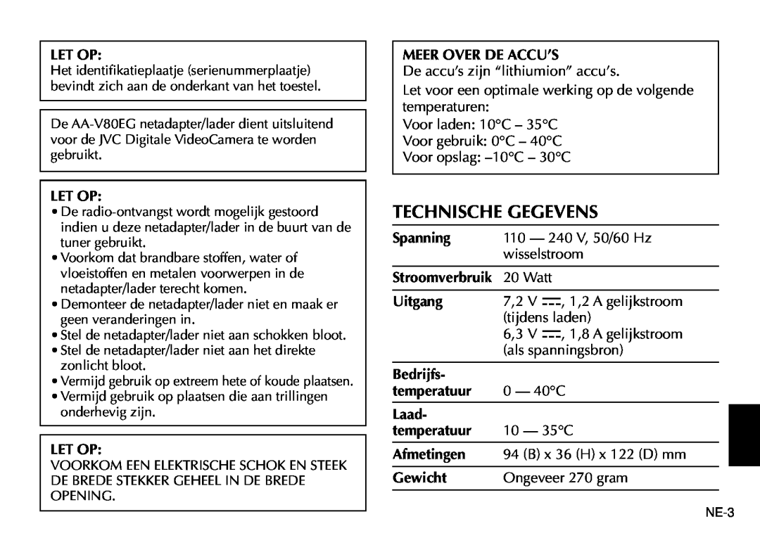 JVC AA-V80EG manual Technische Gegevens, Stroomverbruik 