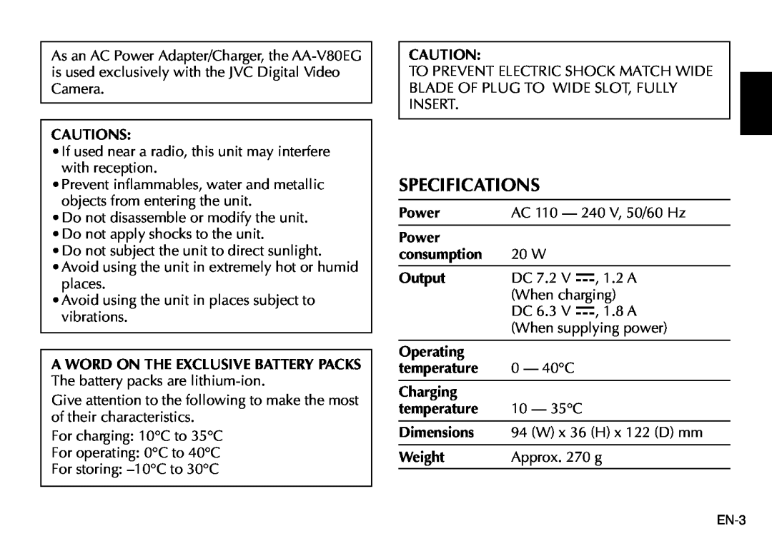 JVC AA-V80EG manual Specifications 