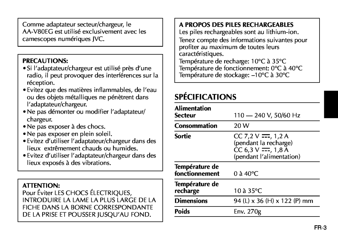 JVC AA-V80EG manual Spécifications, FR-3 
