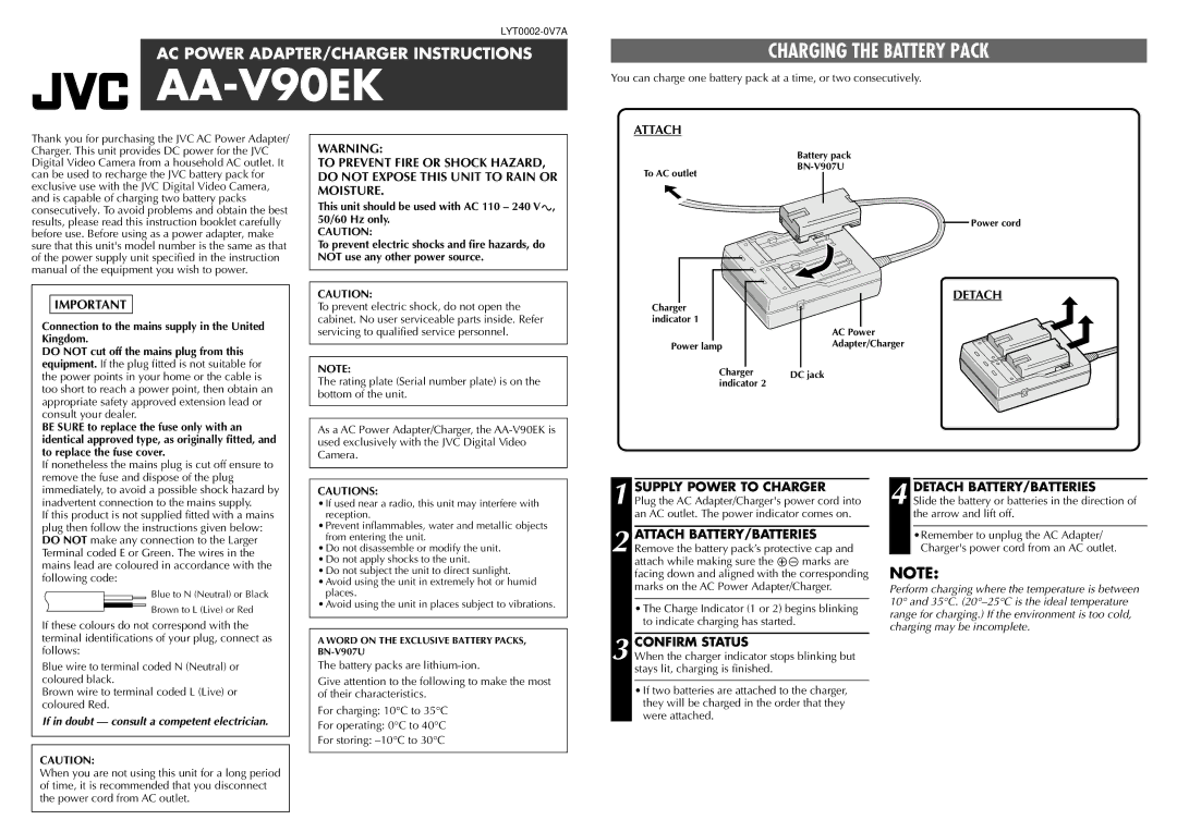 JVC AA-V90EK instruction manual Charging the Battery Pack, Attach, Confirm Status, Detach BATTERY/BATTERIES 