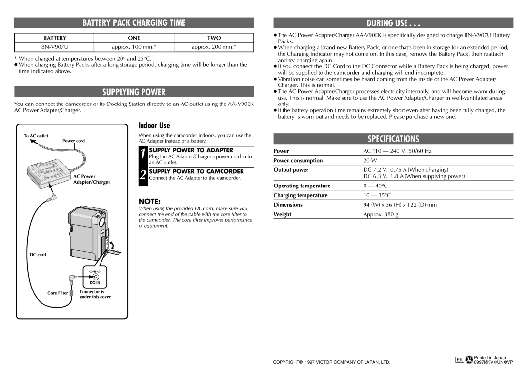 JVC AA-V90EK instruction manual Battery Pack Charging Time, Supplying Power, During USE, Specifications 