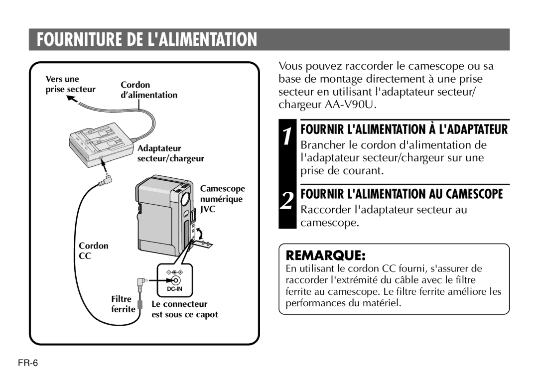 JVC AA-V90U manual Fourniture DE Lalimentation, Fournir Lalimentation À Ladaptateur 