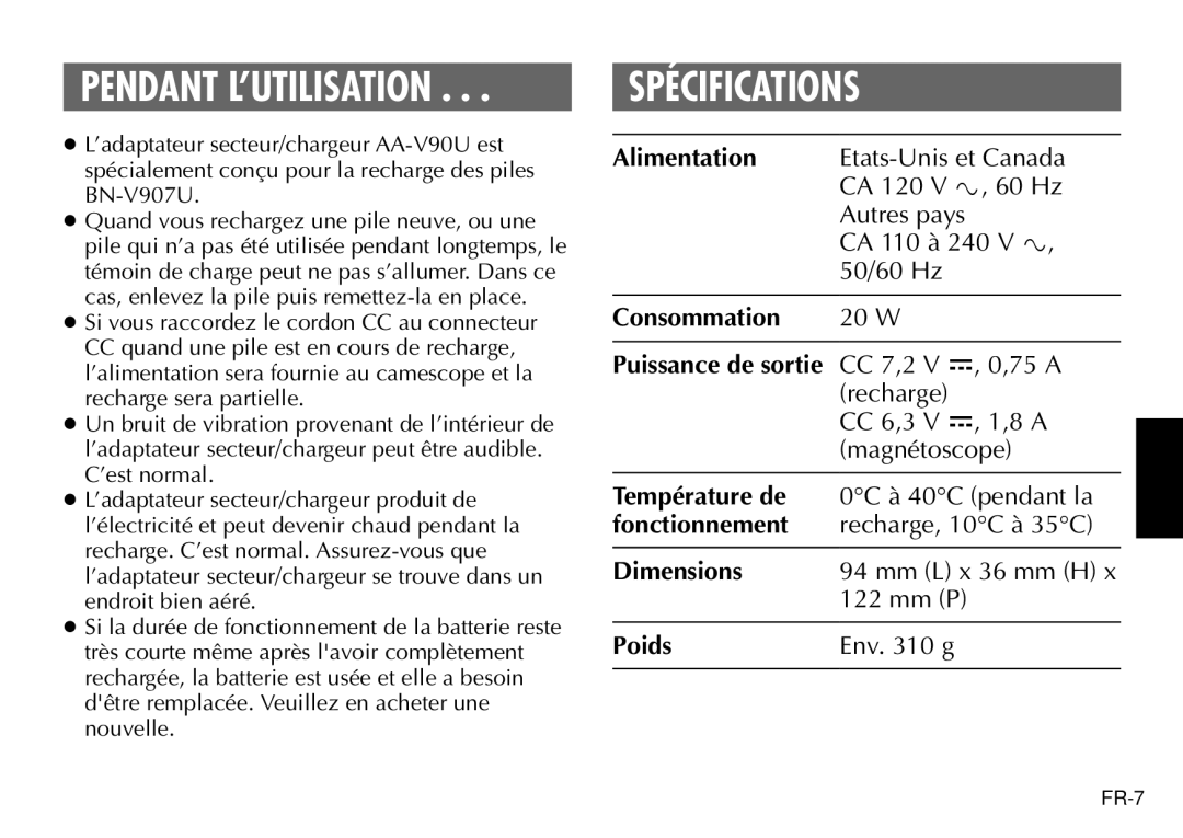 JVC AA-V90U manual Spécifications, Pendant L’UTILISATION 