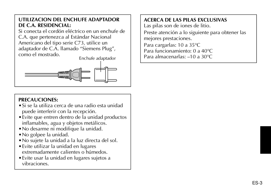 JVC AA-V90U manual Utilizacion DEL Enchufe Adaptador DE C.A. Residencial, Precauciones 