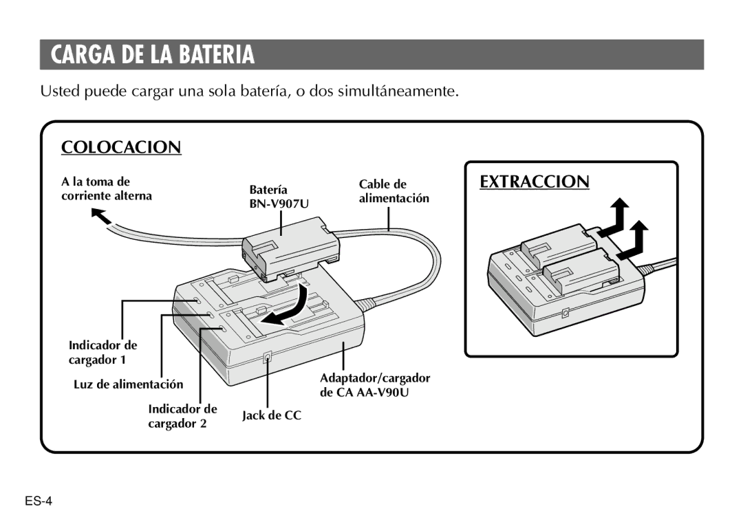 JVC AA-V90U manual Carga DE LA Bateria, Colocacion, Extraccion 