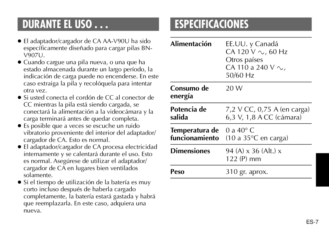 JVC AA-V90U manual Durante EL USO, Especificaciones 