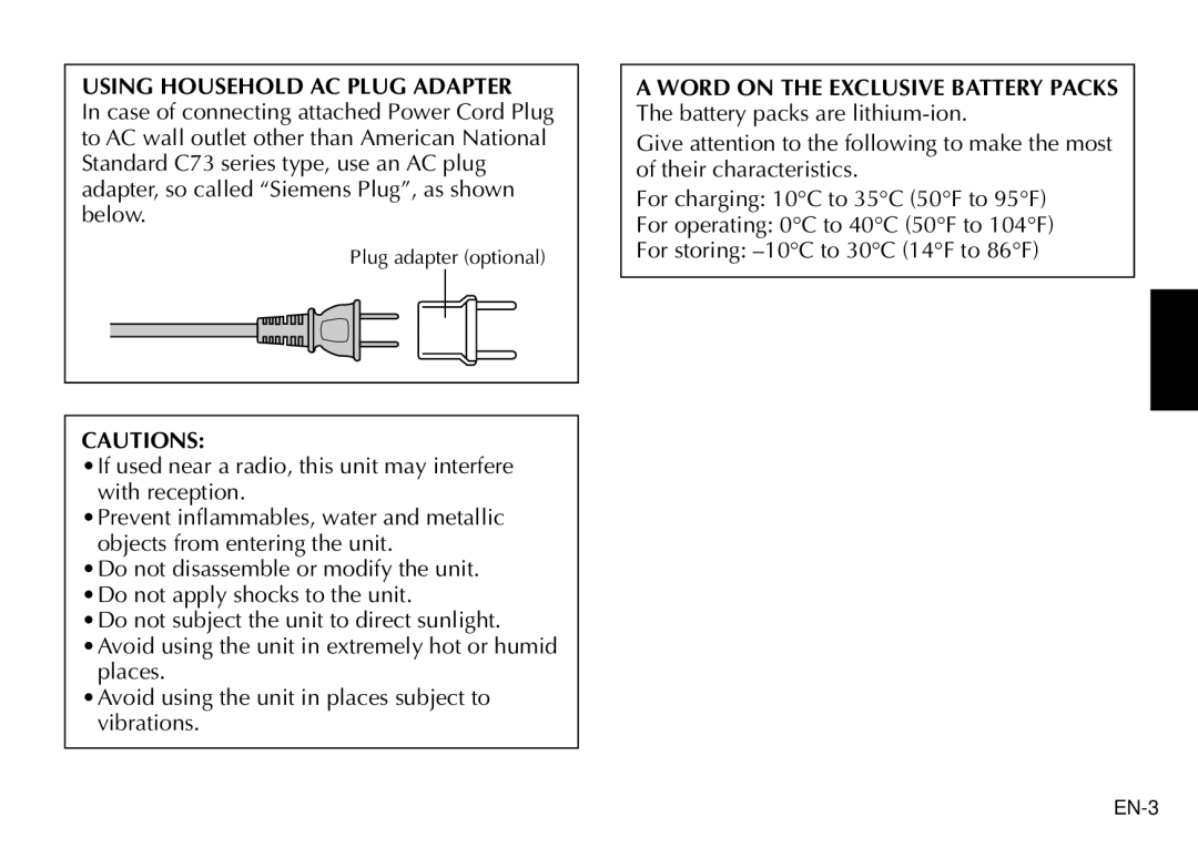 JVC AA-V90U manual Using Household AC Plug Adapter 