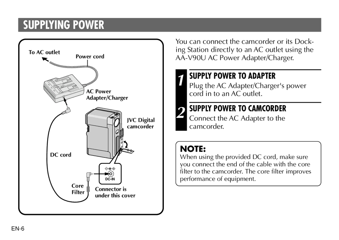 JVC AA-V90U manual Supplying Power, Supply Power to Adapter 