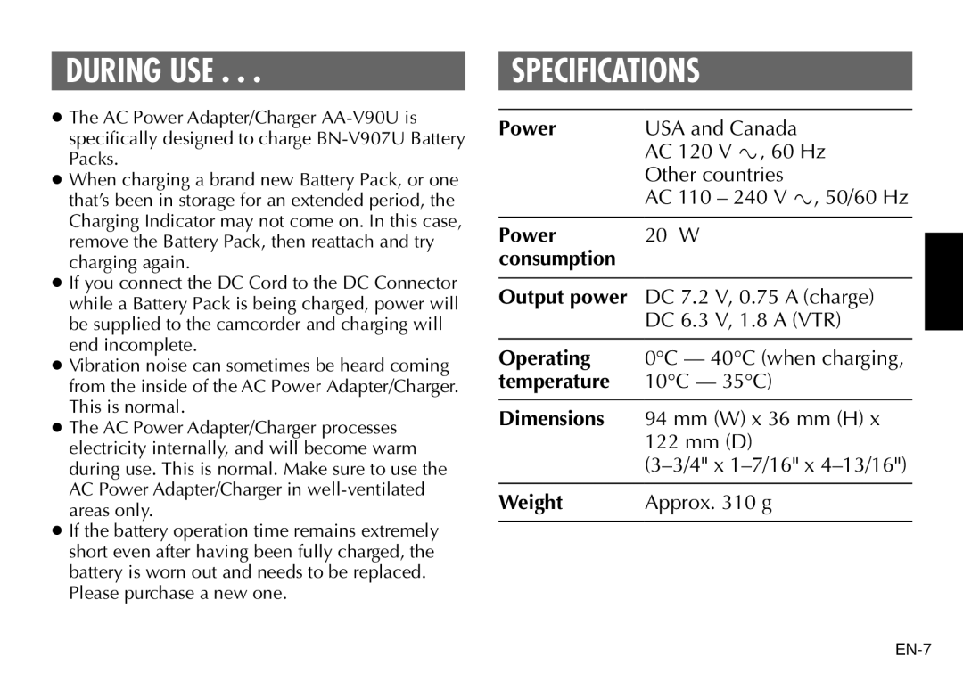 JVC AA-V90U manual During USE, Specifications 