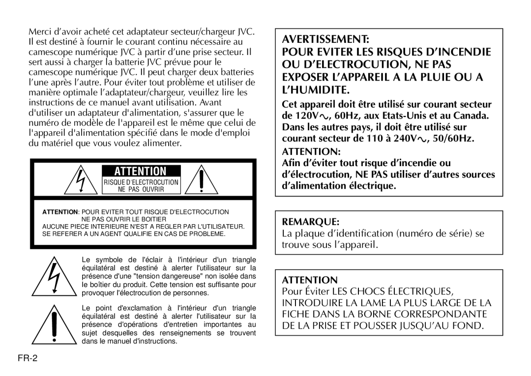 JVC AA-V90U manual Remarque, Risque Delectrocution NE PAS Ouvrir 