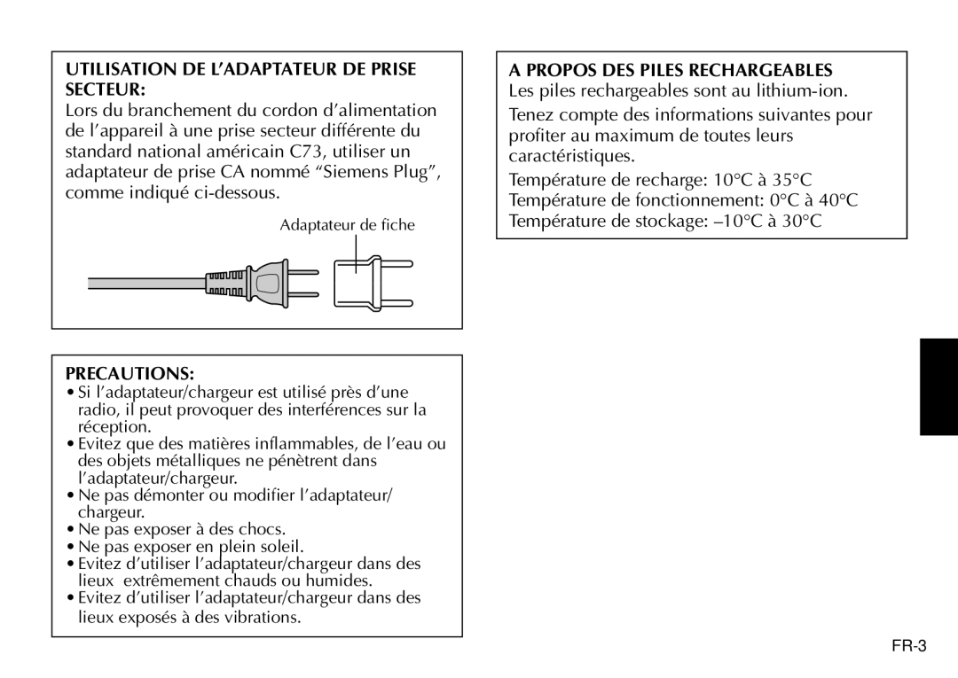 JVC AA-V90U manual Utilisation DE L’ADAPTATEUR DE Prise Secteur, Precautions 