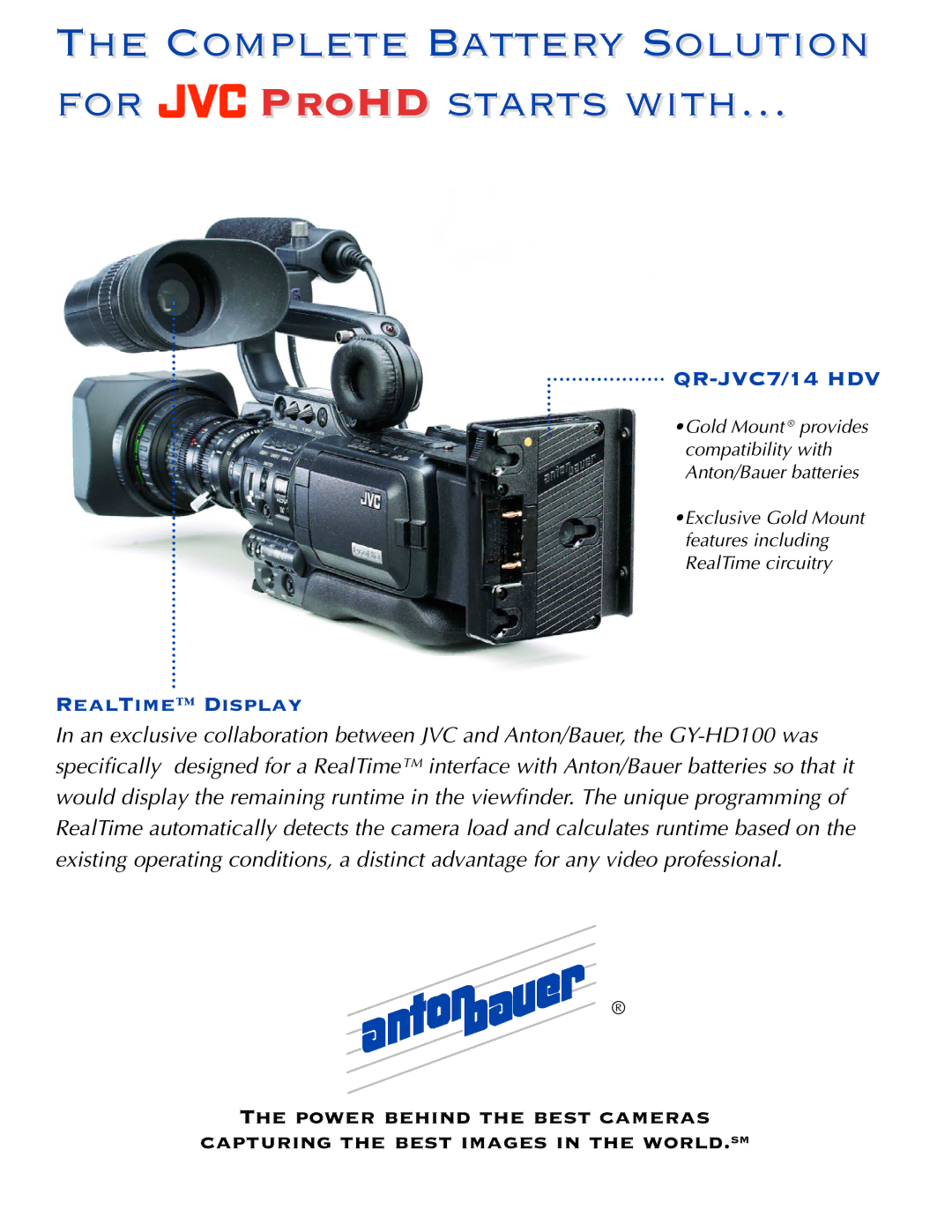 JVC ABDIONICPKG manual Complete Battery Solution For ProHD starts with…, QR-JVC7/14 HDV, RealTime Display 