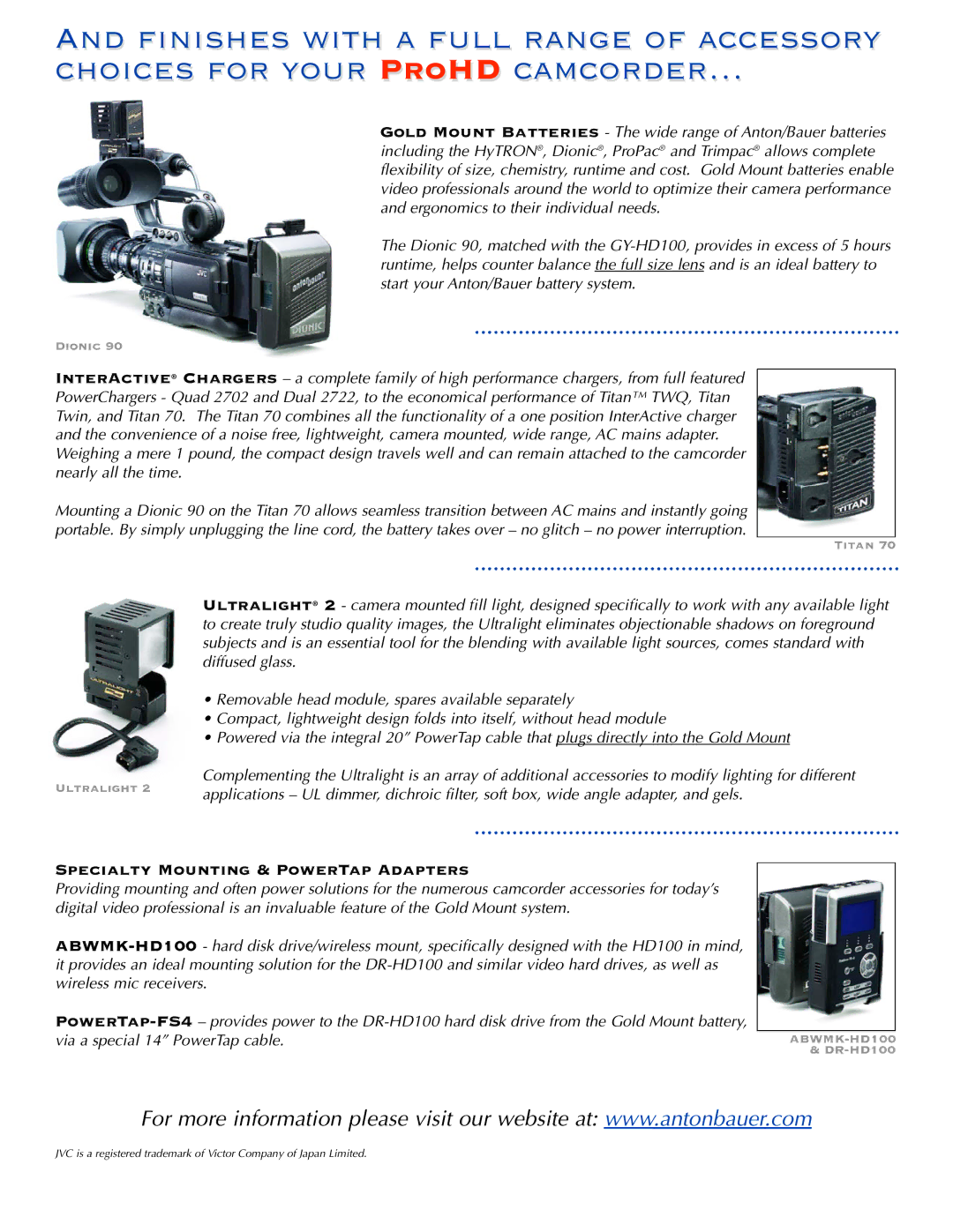 JVC ABDIONICPKG manual Specialty Mounting & PowerTap Adapters 