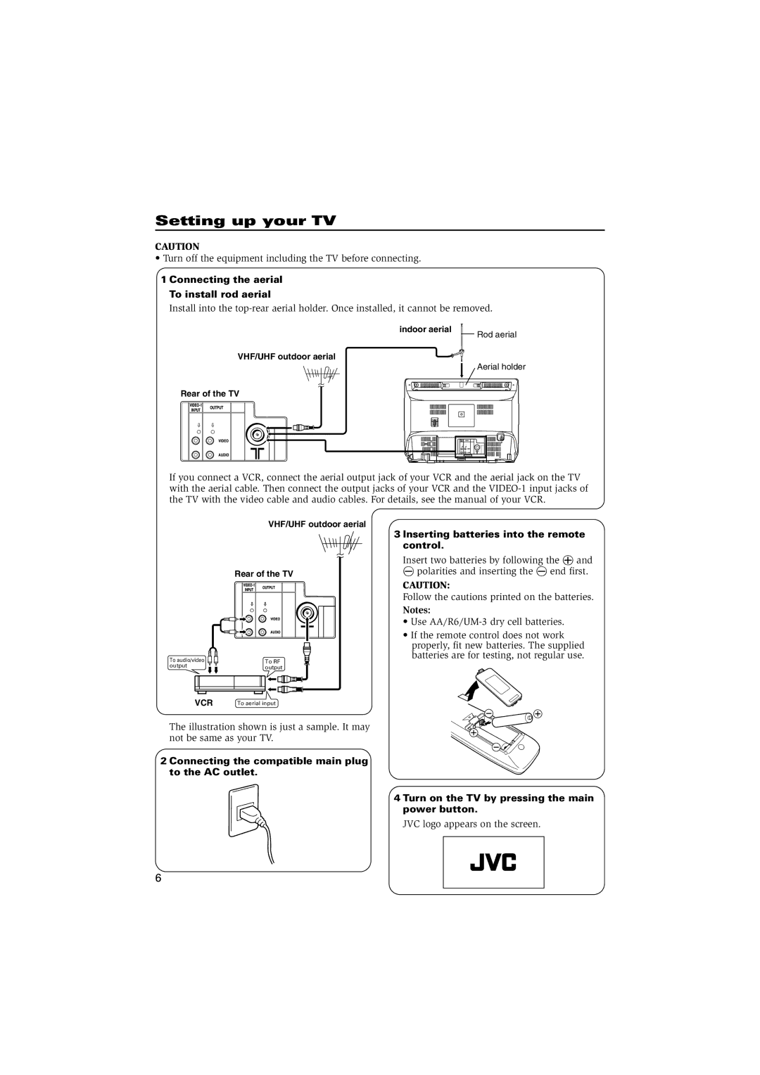 JVC AV-14148N Setting up your TV, Connecting the aerial To install rod aerial, Inserting batteries into the remote control 